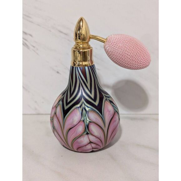 Daniel Lotton Signed 1991 Swirled Iridescent Blown Art Glass Perfume Atomizer Bo - Picture 1 of 8